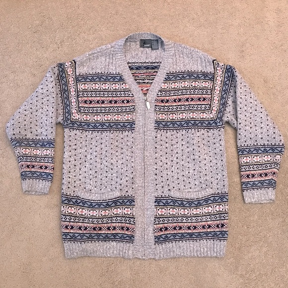 Liz Claiborne Sweaters - Vintage LizWear Cardigan Sweater Womens Small Zip Up Heavy Knit Fair Isle Grey